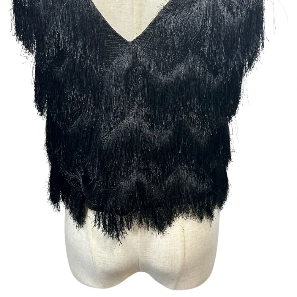 ZARA BASICS Women's Black Fringe Crewneck Pullover Tank‎ Top Cropped Sz S - Picture 10 of 11